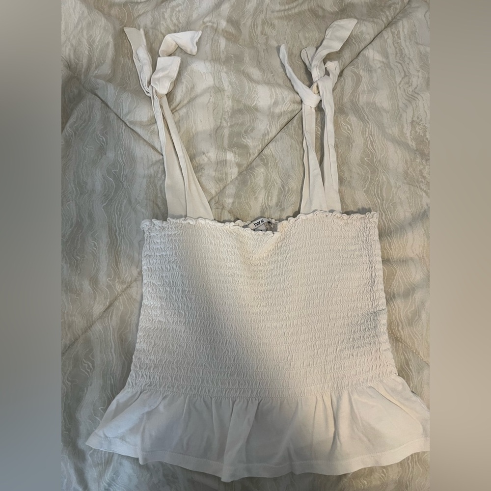 Bar III Cream Smocked Tie-Strap Top